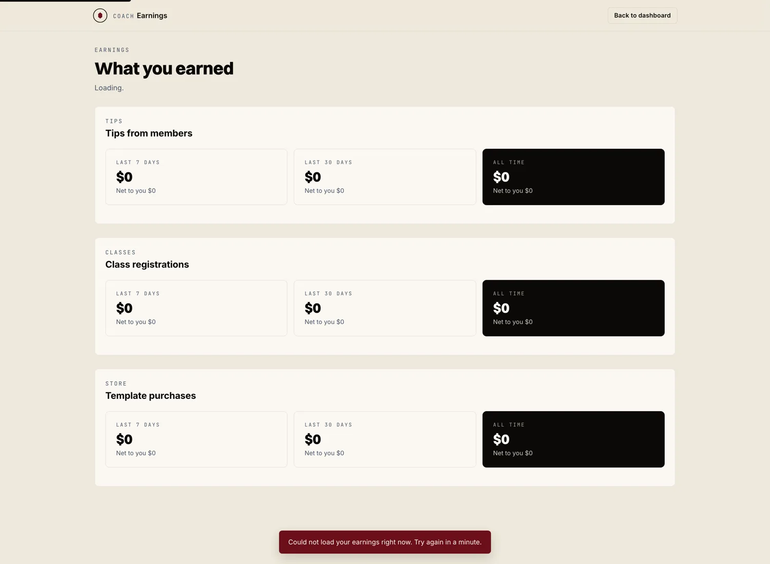 Earnings page showing gross, Marrow fee, Stripe fee, and net side by side.